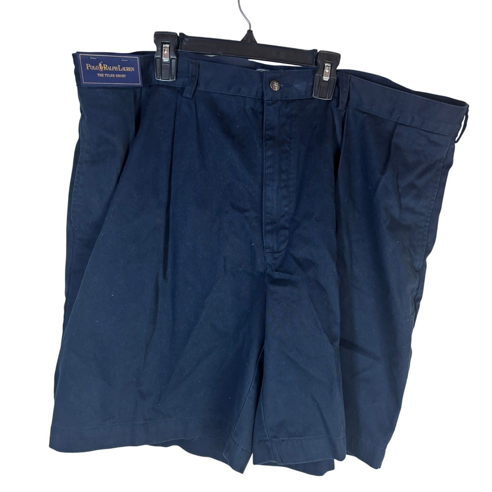 Polo Ralph Lauren Mens Tyler Short Navy Blue Pleated Chino Cotton Shorts Size 42